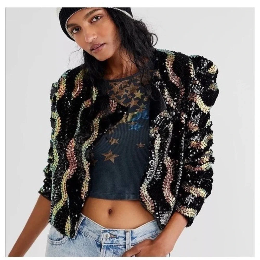 NWT Free People BlankNYC Beauty Spot Black Pink‎ Sequins Blazer Chic Bold XS